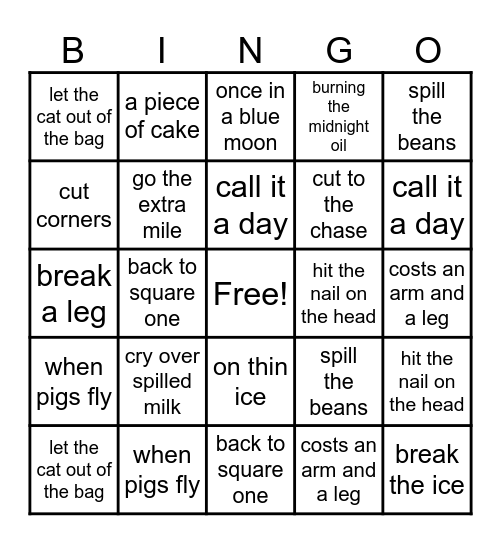 55 Idioms Neriah ESL Bingo Card