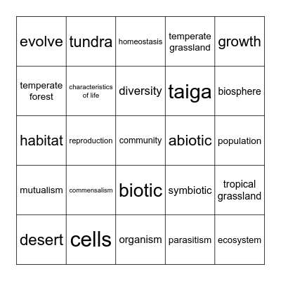 Ecology Bingo Card