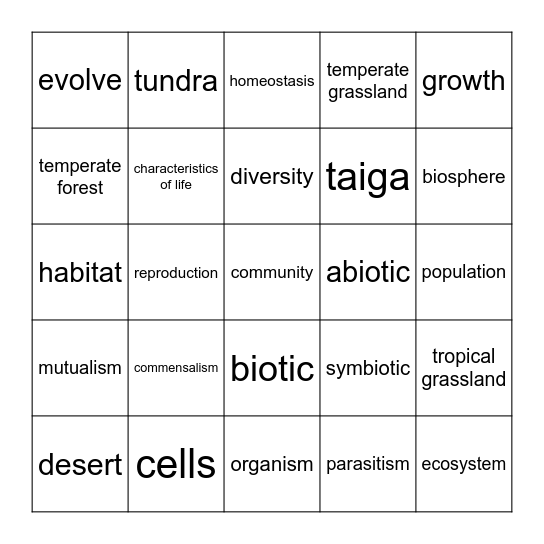 Ecology Bingo Card