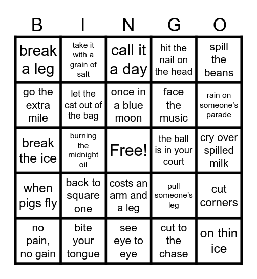 40 - Idioms Bingo Card
