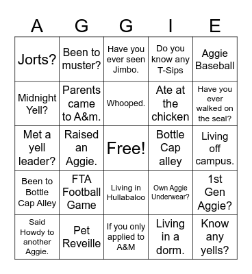 Aggie Bingo Card