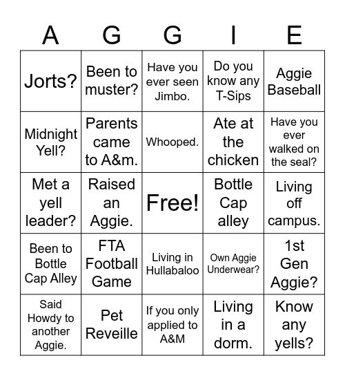 Aggie Bingo Card