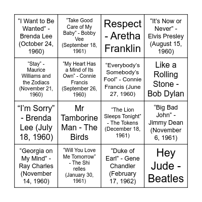 1960s Bingo Card