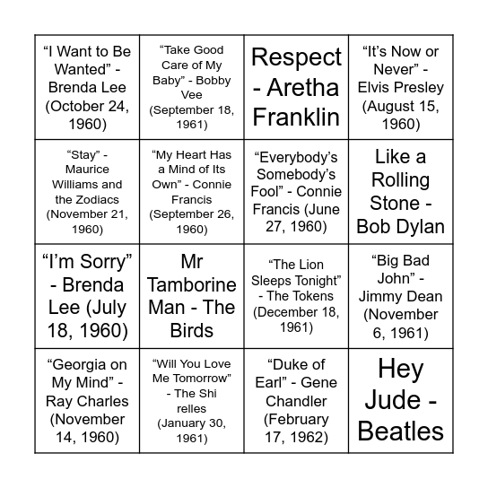 1960s Bingo Card