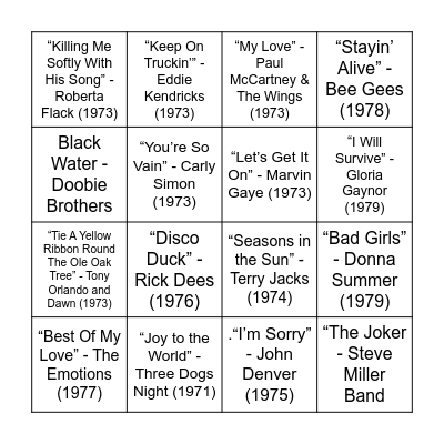 1970s Bingo Card