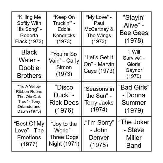 1970s Bingo Card