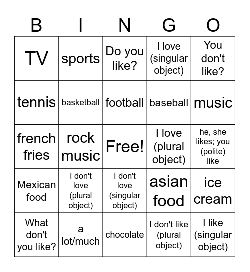 1.3.1 Los gustos Bingo Card