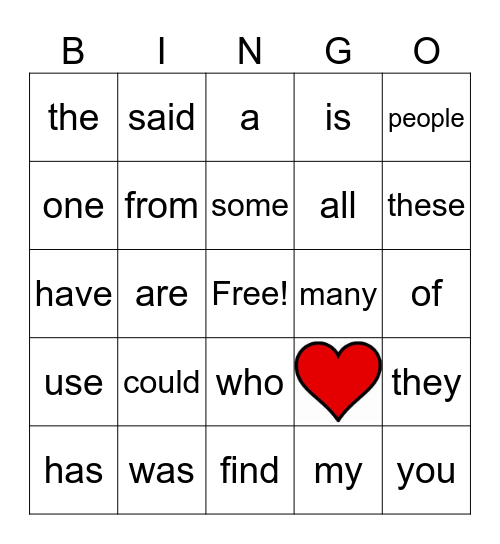 Heart Words Bingo Card