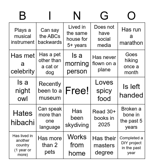 Crew Bingo Card