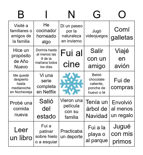 SPANISH CGarrett - Human Bingo - Winter Break Edition Bingo Card