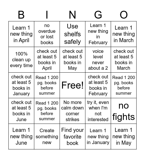 4th Grade 2026 Library Goals- Stevens Bingo Card