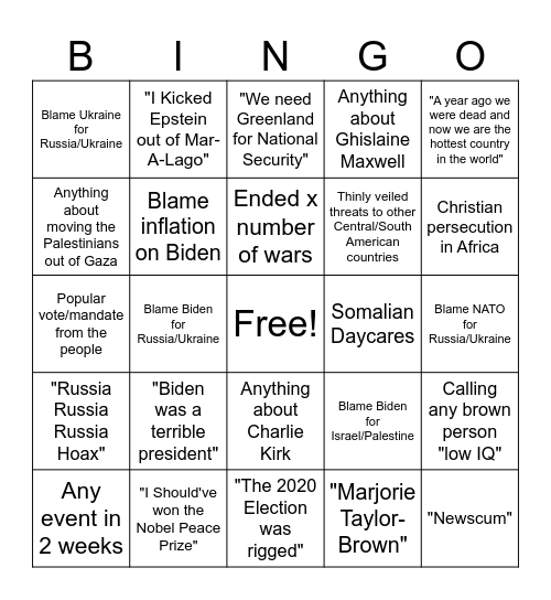 State of the Union 2026 Bingo Card