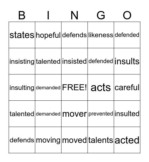 Suffix Bingo Card