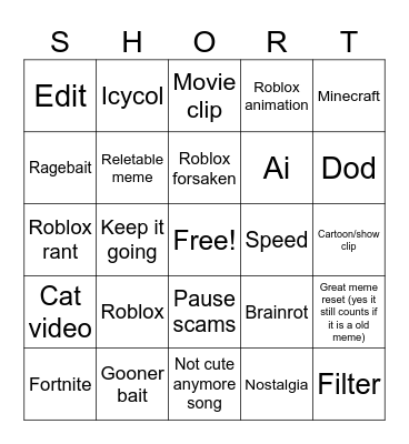 YT shorts bingo Card