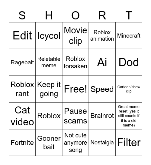 YT shorts bingo Card