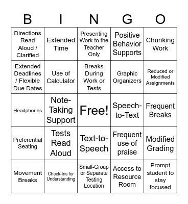 Accommidations Bingo Card