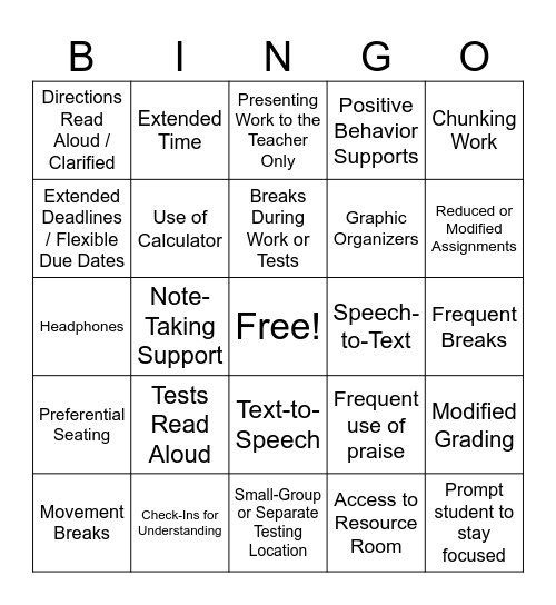 Accommidations Bingo Card