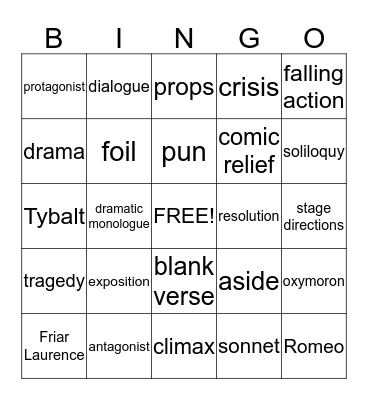Romeo & Juliet Bingo Card