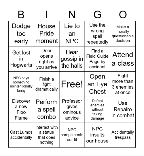 Hogwarts Legacy Bingo Card
