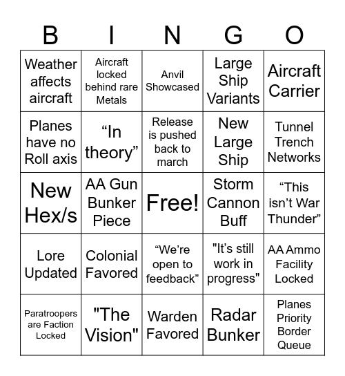 Foxhole Airborne Devstream Bingo Card