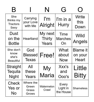 90's Country Game 1 Bingo Card