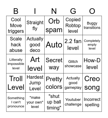 Recent Tab Bingo (Geometry Dash How-D) Bingo Card