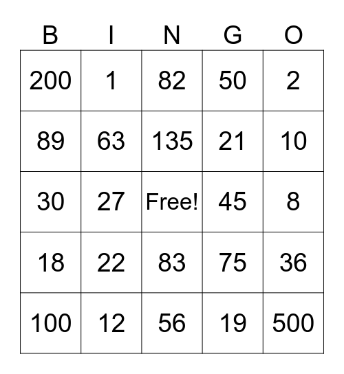 Math Stars Bingo Card