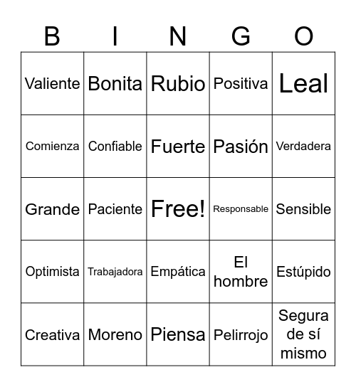 Adjetivos Bingo Card