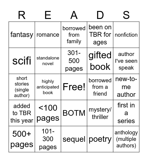 Read My Shelf Bingo Card