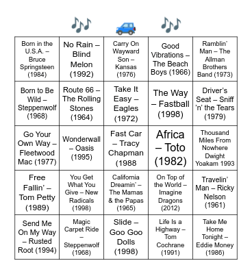 ROAD TRIP SONGS Bingo Card