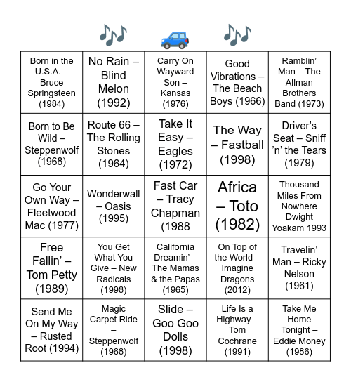 ROAD TRIP SONGS Bingo Card