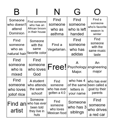 DCH College Night Bingo! Bingo Card