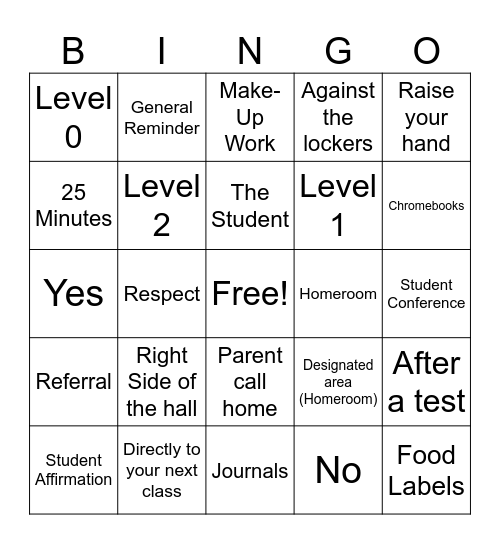 Classroom + School Rules Bingo Card