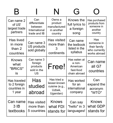 International Business Bingo! Bingo Card