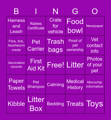 Pet Preparedness Bingo Card