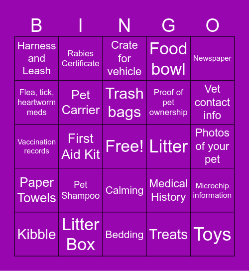 Pet Preparedness Bingo Card