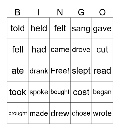 Simple Past Verbs Bingo Card