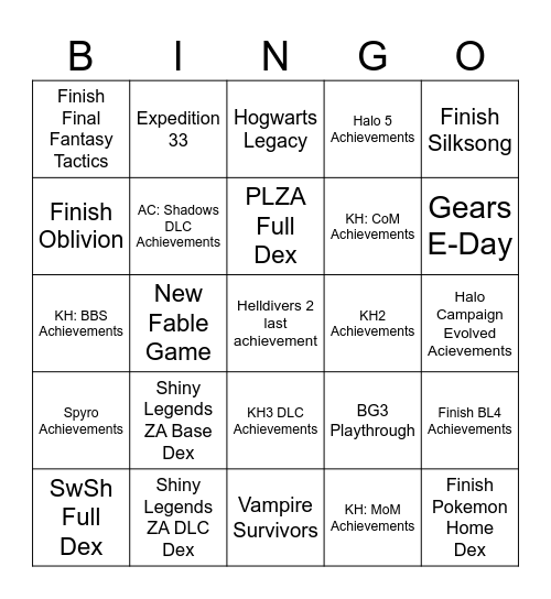 2026 Gaming Challenges Bingo Card