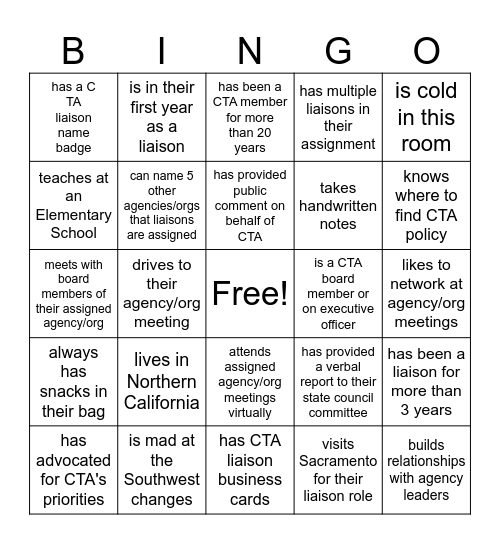 CTA Liaison Committee Bingo Card