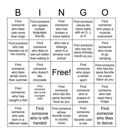 Get to Know Each Other Bingo Card