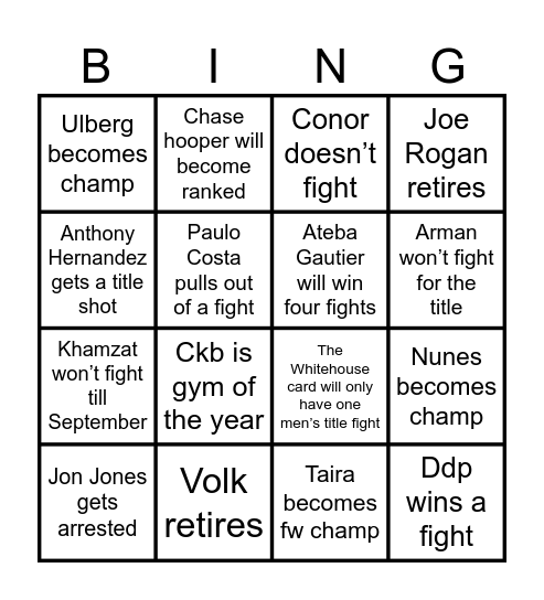 Ufc Bingo Card