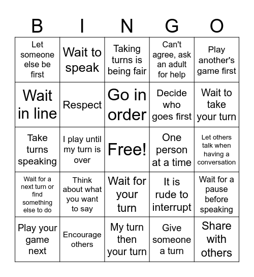 Taking Turns Bingo Card
