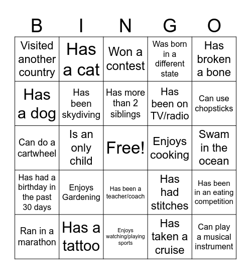 Icebreaker Bingo Card