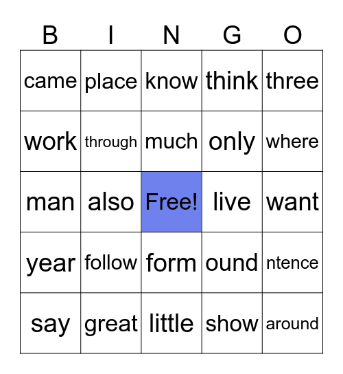 Sight Word BINGO Card