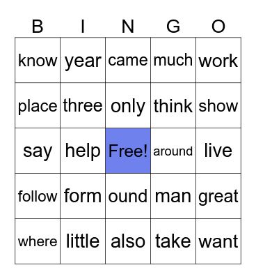 Sight Word BINGO Card