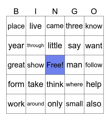 Sight Word BINGO Card