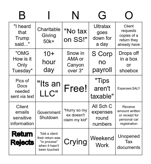 Tax Season Bingo Card