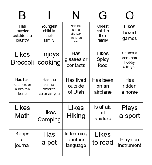 Get To Know You Bingo Card