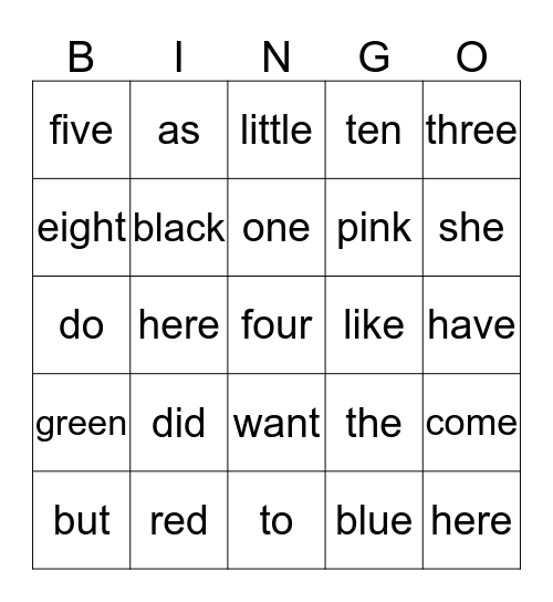 Sight Word Bingo Card