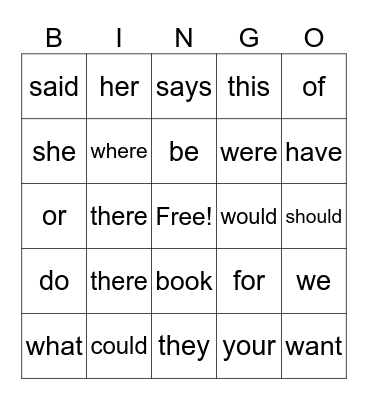 Heart Word Bingo Card